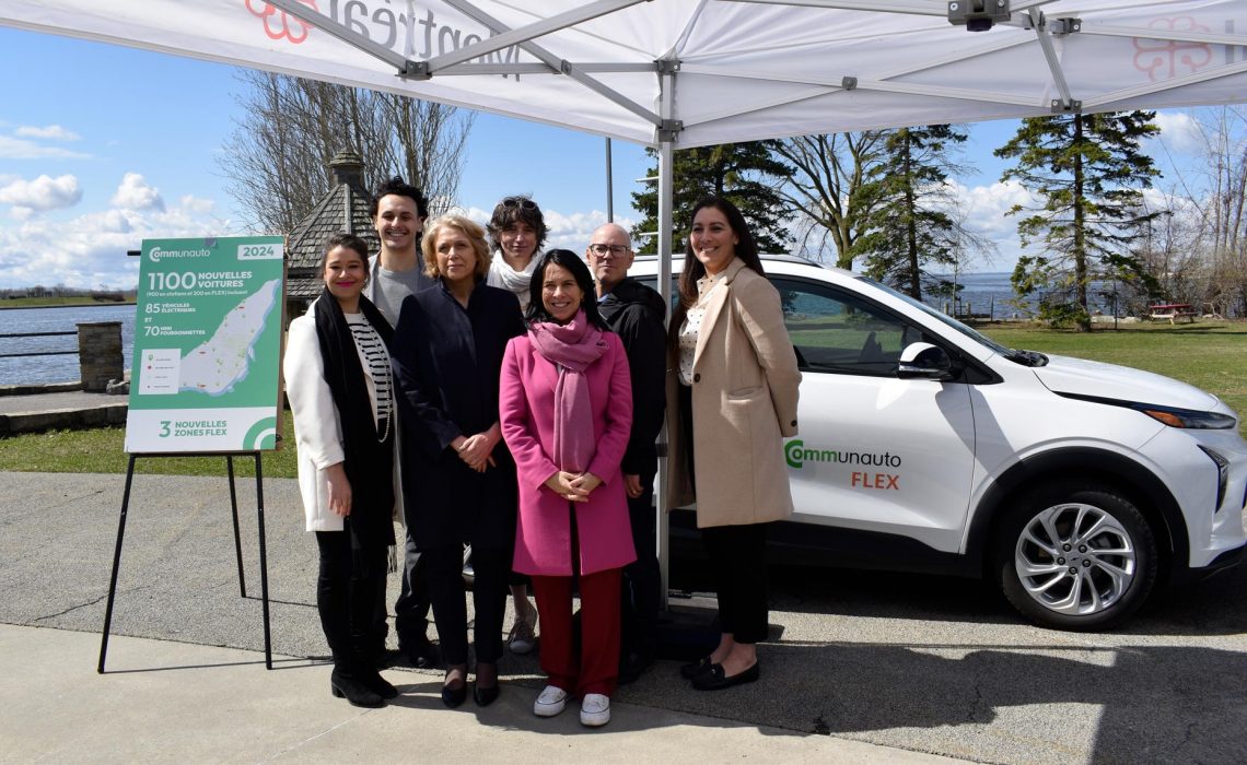 From left to right: Sophie Mauzerolle, responsible for transport and mobility on the executive committee of the City of Montreal, Younes Boukala, district councilor of Lachine, Maja Vodanovic, district mayor of Lachine, Marianne Giguère, councilor of the City, Valérie Plante, mayor of Montreal, Benoît Robert, president and founder of Communauto, Vicki Grondin, city councilor